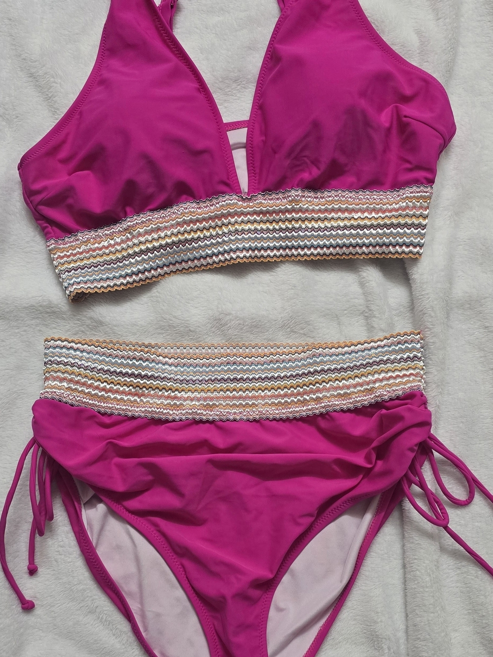 Women's Bright Pink Two-Piece Swim Set with Smocked Waistband